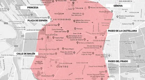 Mapa de Madrid con zona resaltada en rosa, ideal para ir a Madrid en coche y explorar el centro.