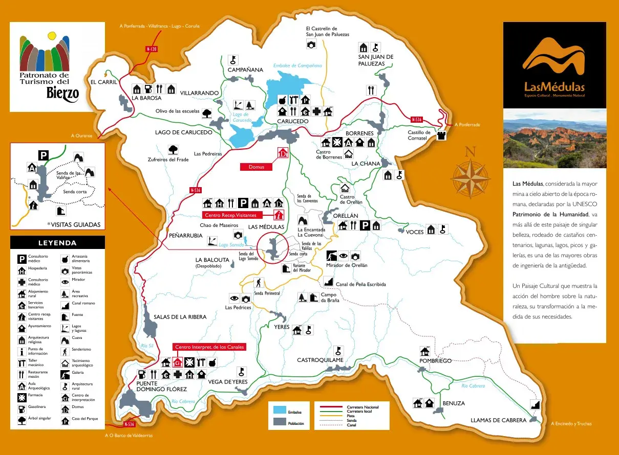 Mapa turístico del Bierzo, ideal para saber qué ver en León, con rutas, pueblos y puntos de interés como Las Médulas.