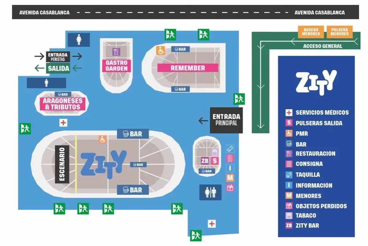 Mapa del recinto Zity con escenario, bares, zonas de restauración, accesos y servicios médicos.