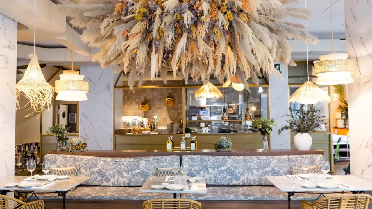 Elegante restaurante Origen Zaragoza con decoración natural y mesas listas para disfrutar.
