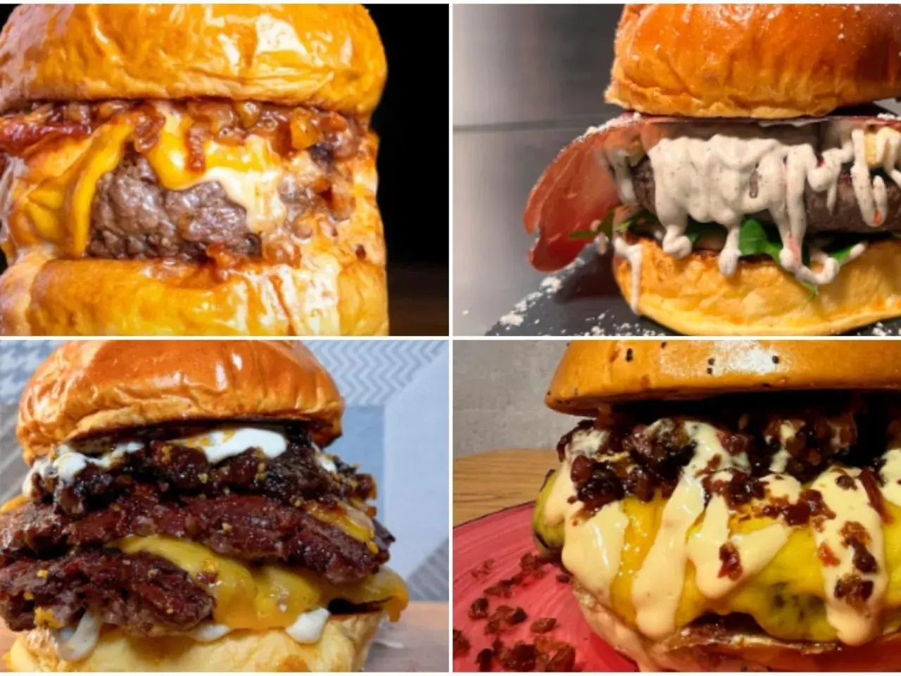 Cuatro hamburguesas deliciosas, un festín para los amantes de las hamburguesas.