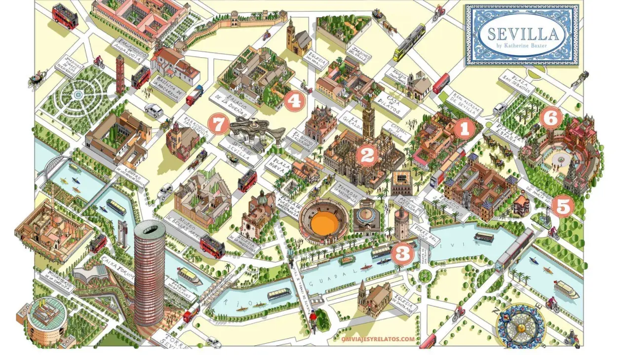 Mapa ilustrado de Sevilla con puntos de interés como el Real Alcázar, la Catedral y la Plaza de España. ¡Descubre las cosas que ver en Sevilla!