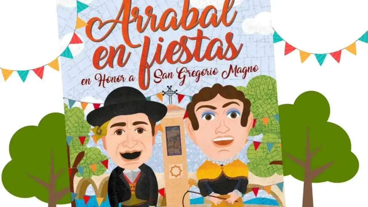 Cartel anunciando las fiestas arrabal en honor a San Gregorio Magno, con caricaturas de dos hombres y decoración festiva.