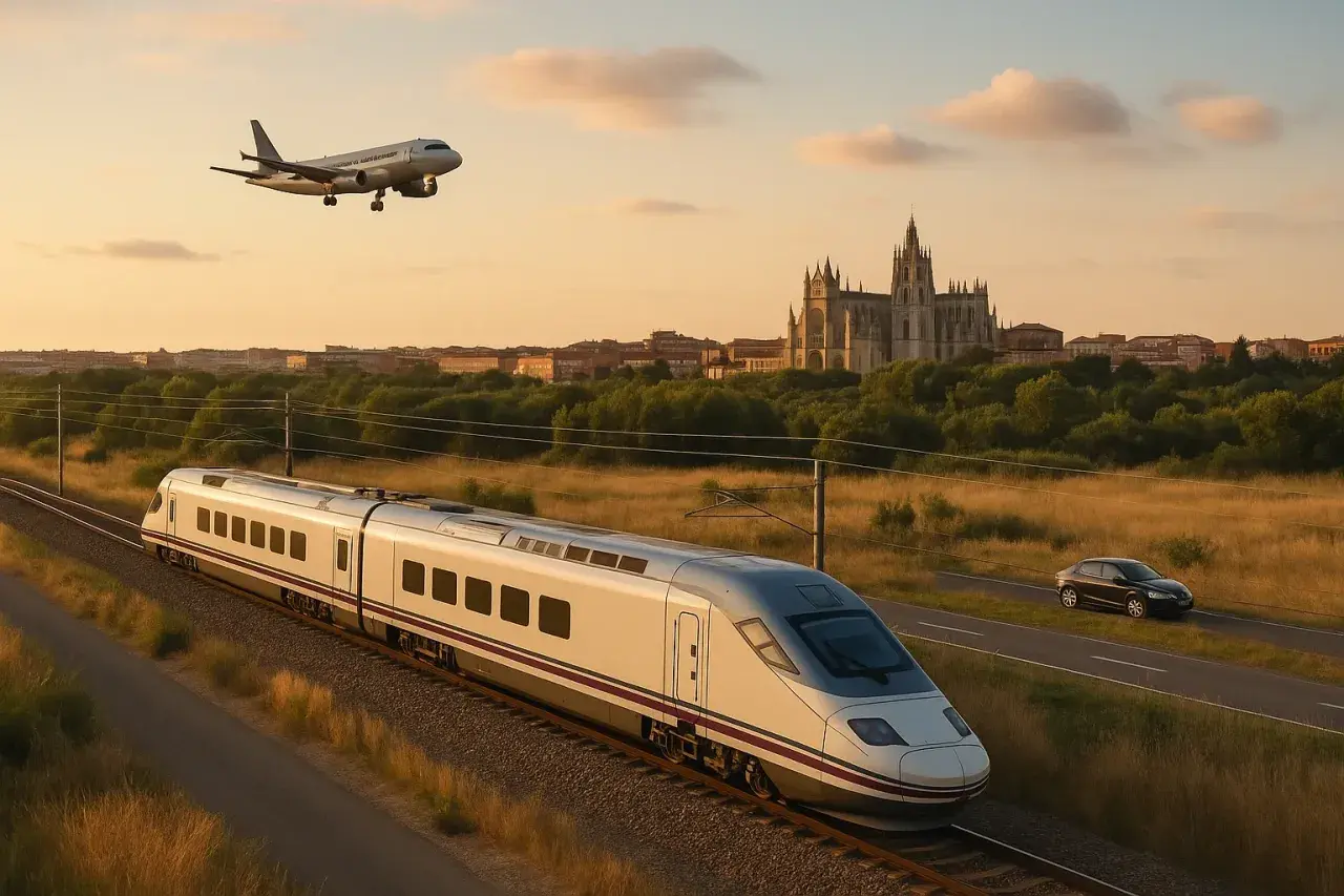 Tren de alta velocidad, avión y coche, mostrando cómo llegar a Zaragoza.