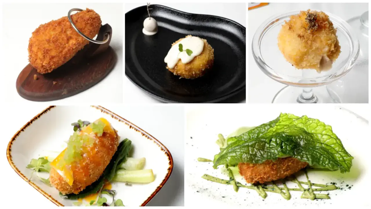Cinco croquetas gourmet, algunas con salsas y guarniciones, listas para el concurso de croquetas Zaragoza.