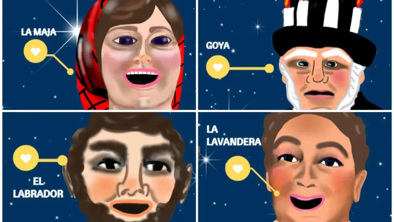Cabezudos del Parque Goya: La Maja, Goya, El Labrador y La Lavandera, retratados con estilo caricaturesco sobre un fondo estrellado.