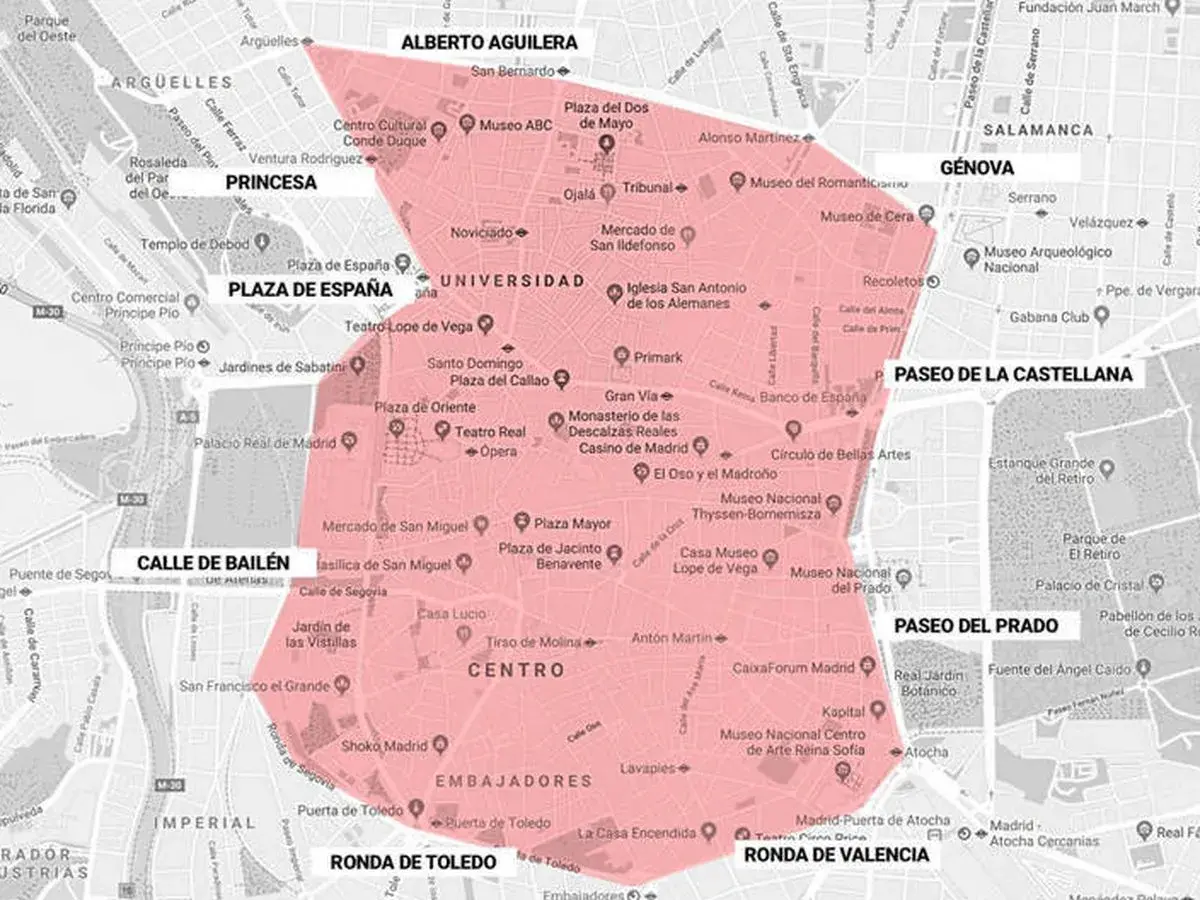 Mapa de Madrid con zona resaltada en rosa, ideal para ir a Madrid en coche y explorar el centro.