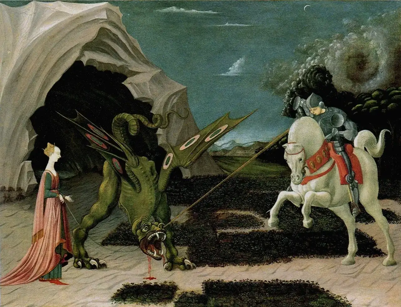 San Jorge, a caballo, se enfrenta a un dragón verde mientras una princesa observa. La escena evoca la clásica historia de San Jorge y el dragón.