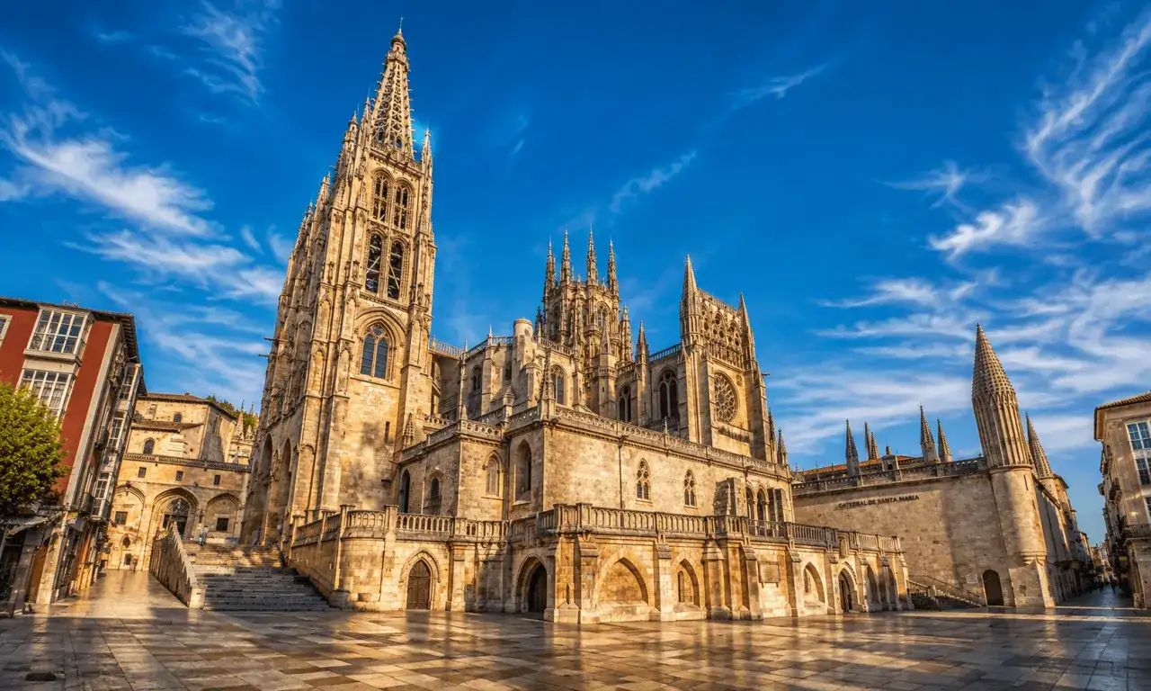 La majestuosa catedral de Burgos se alza bajo un cielo azul con nubes algodonosas.