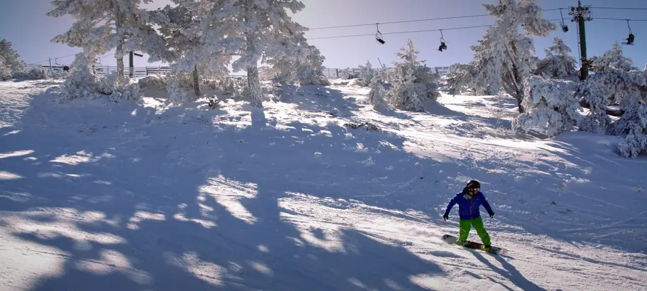 Un snowboarder desciende por una ladera nevada en una estación de esquí de Teruel, rodeado de árboles cubiertos de escarcha y telesillas.