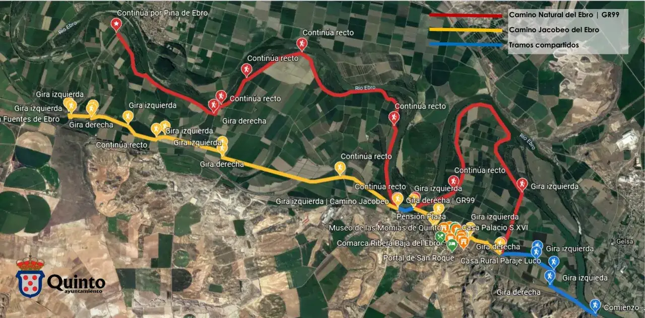 Mapa del camino santiago desde Zaragoza, mostrando rutas del Camino Natural del Ebro y Camino Jacobeo.