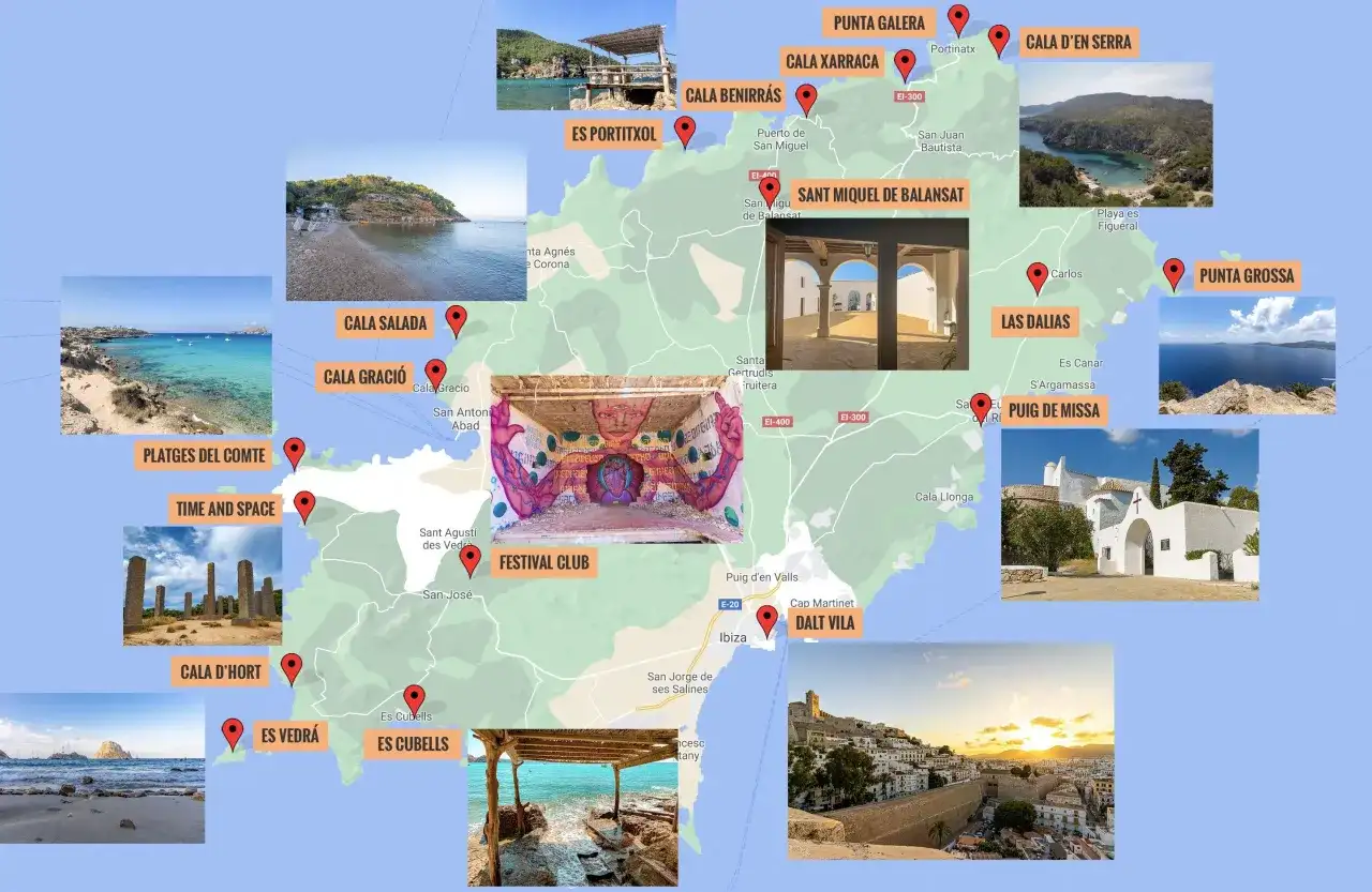 Mapa de qué ver en Ibiza: calas, pueblos y monumentos. Incluye imágenes de Dalt Vila, Es Vedrà y playas.