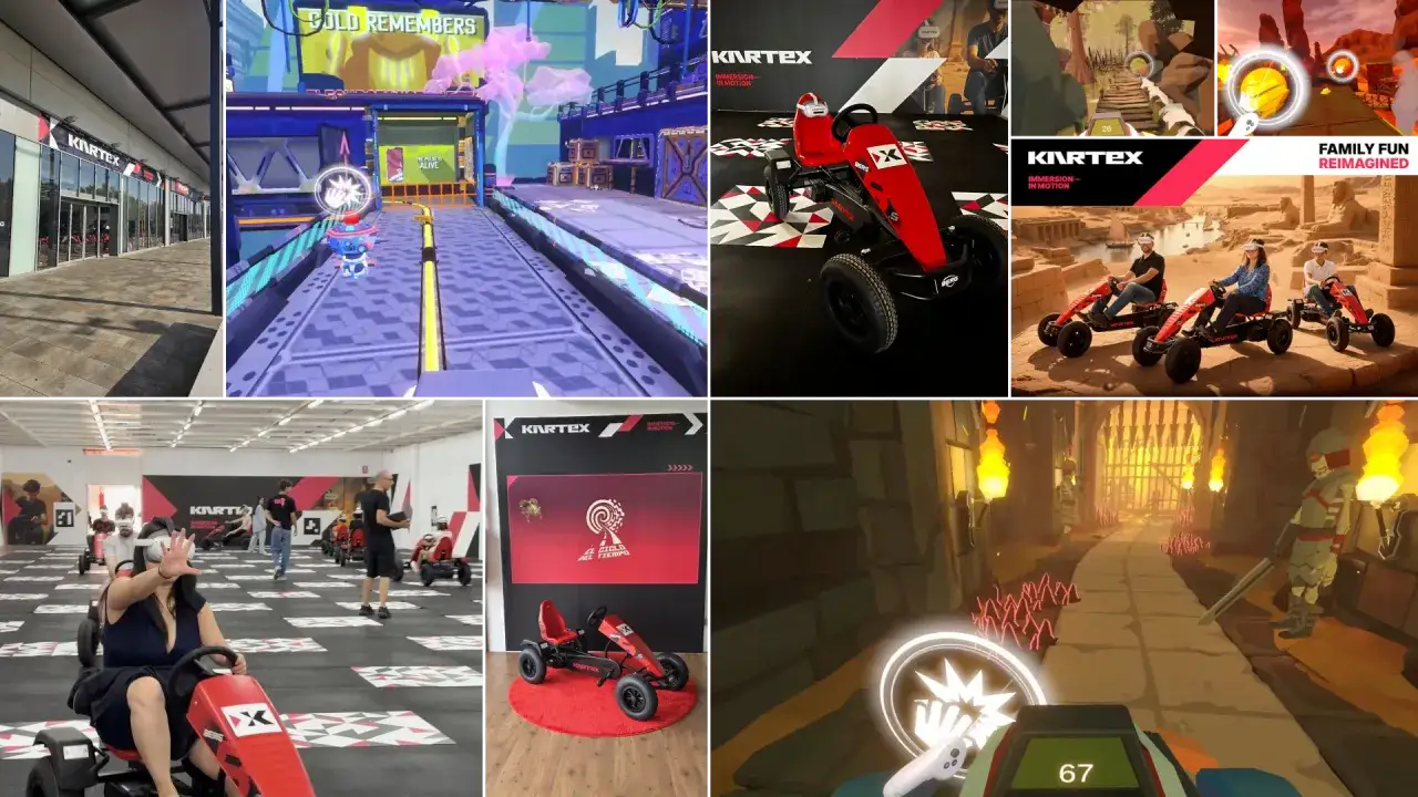 Experiencia de karting inmersiva en Puerto Venecia. Coches rojos, realidad virtual y diversión familiar.
