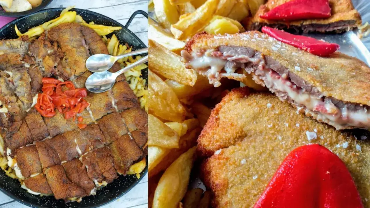 El cachopo Zaragoza, un plato generoso de carne empanada rellena de queso y jamón, servido con patatas fritas y pimientos.
