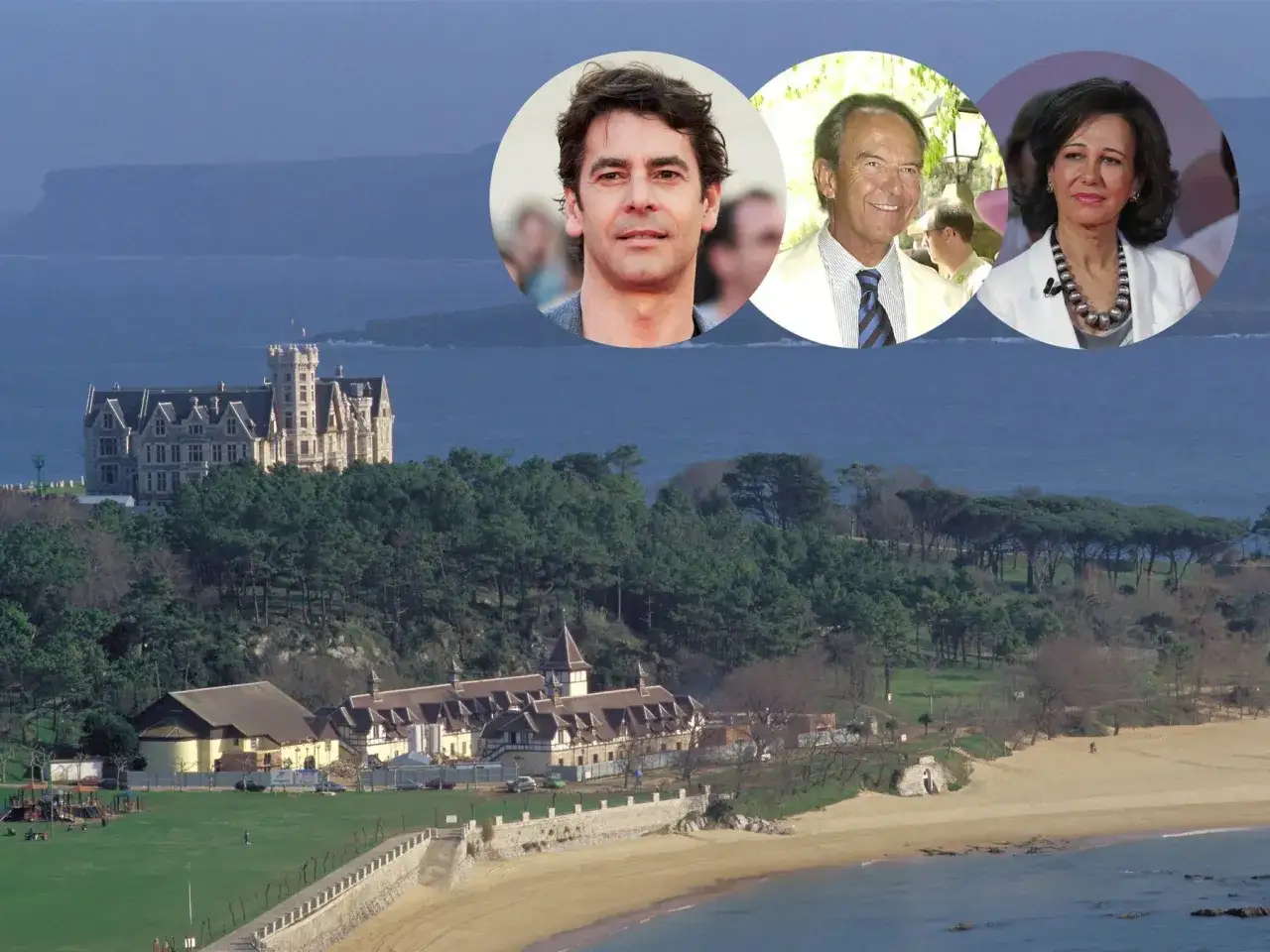 Palacio de la Magdalena y la playa, un lugar que ver en Santander. Tres rostros famosos flotan sobre el paisaje.