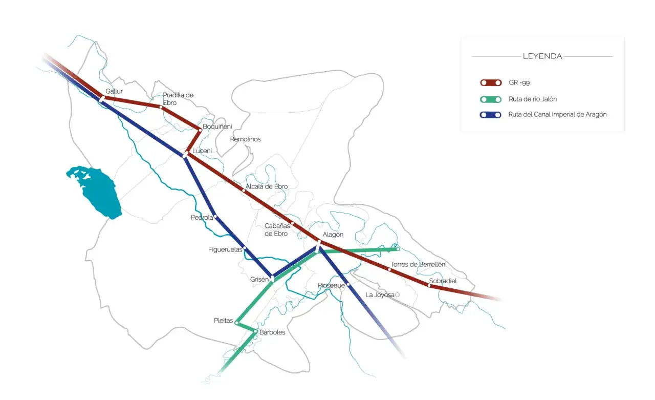 Mapa de rutas: GR-99, río Jalón y la bajada del Canal Imperial de Aragón, con localidades como Gallur, Luceni y Alagón.