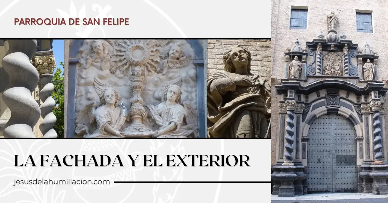 Detalles de la fachada de la iglesia San Felipe Zaragoza: columnas salomónicas, esculturas de ángeles y la puerta principal.