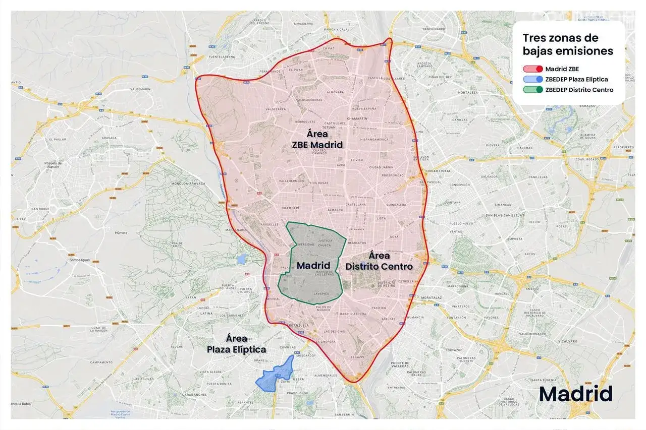 Mapa de Madrid con tres zonas de bajas emisiones: ZBE Madrid, Plaza Elíptica y Distrito Centro. Ideal para planificar ir a Madrid en coche.
