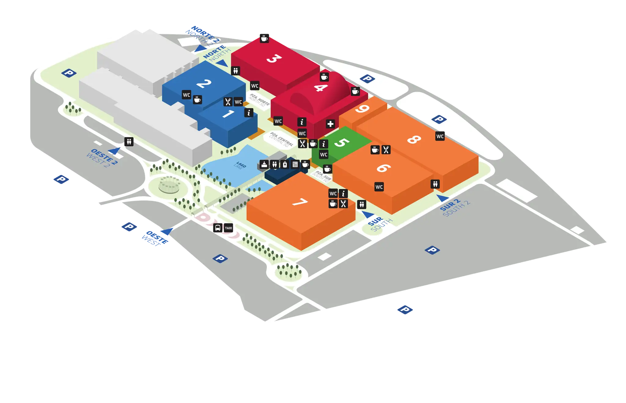 Mapa de las ferias Zaragoza, con pabellones numerados, accesos, aparcamientos y zonas de descanso.