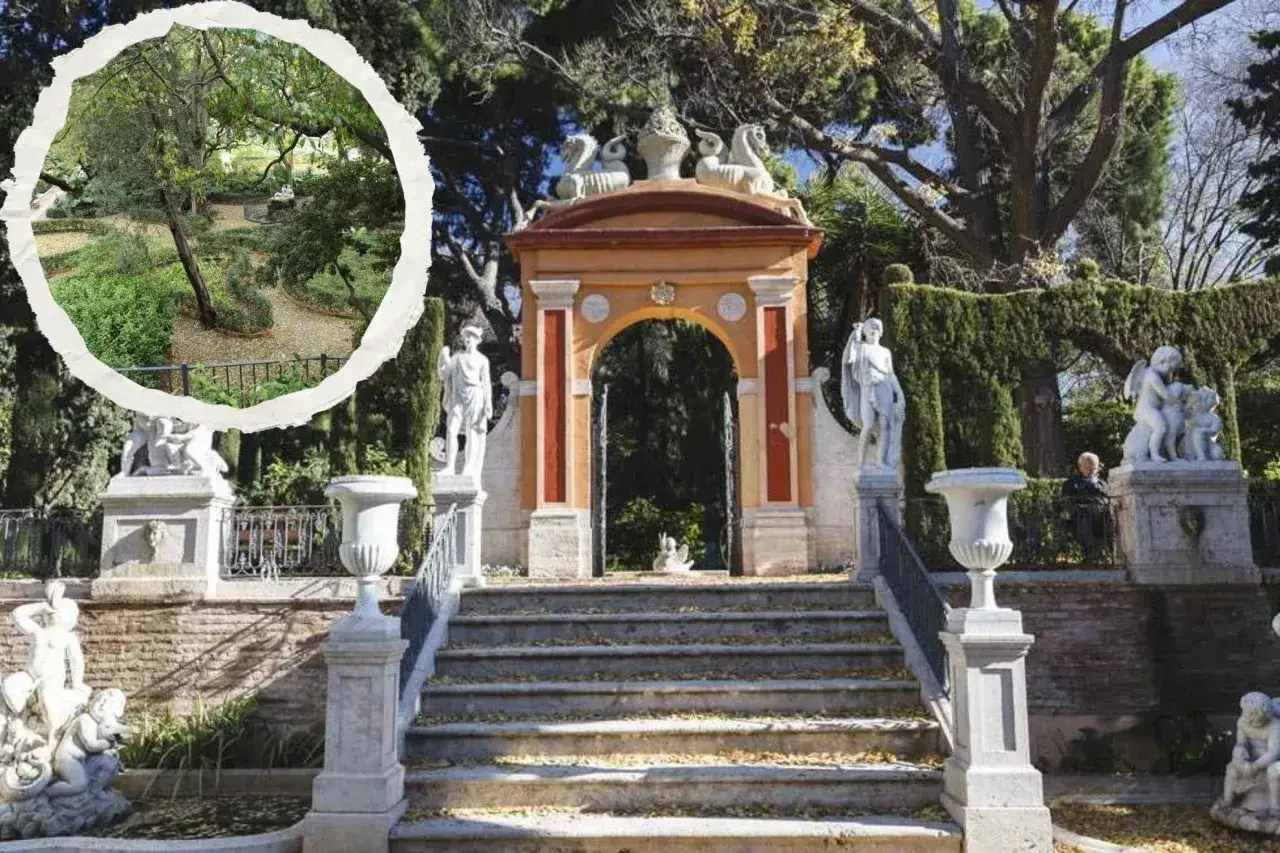 Jardín con estatuas y un arco ornamentado, uno de los secretos lugares de Valencia que invitan a la exploración.