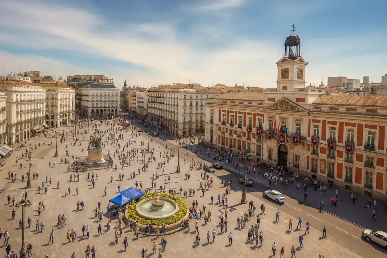 Plaza Mayor de Madrid, un lugar emblemático para conocer en Madrid, con gente paseando, una fuente y el edificio de la Real Casa de Correos.