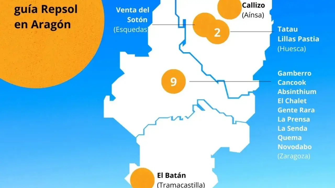 Mapa de la guía Repsol en Aragón con puntos de interés marcados.