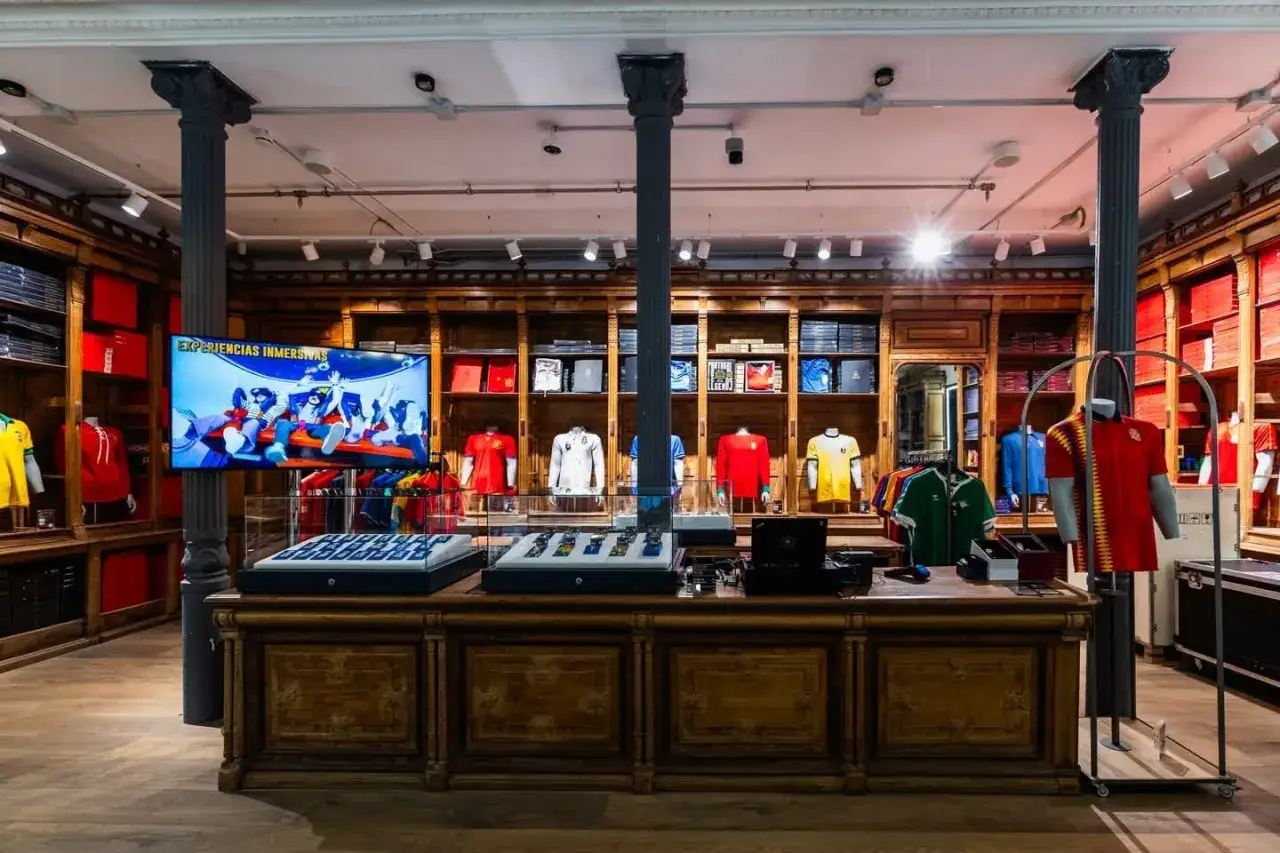 Tienda de fútbol con camisetas de equipos, pantallas mostrando experiencias inmersivas y un mostrador de madera. Un lugar ideal para fans en el marketches torre outlet.