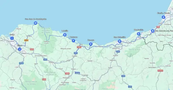 Mapa de ruta que muestra cómo ir a Cantabria, pasando por Bilbao, San Sebastián y la costa vasca.