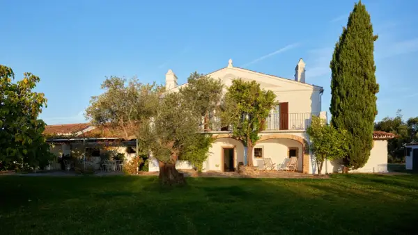 La finca el azahar, una casa blanca con balcón y arcos, rodeada de olivos y cipreses bajo un cielo azul.