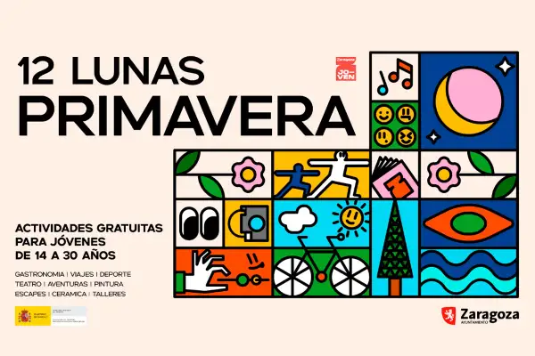 Cartel "12 Lunas Primavera" en Zaragoza. Actividades gratuitas para jóvenes de 14 a 30 años. Ilustraciones de luna, sol, bicicleta, flores y más.