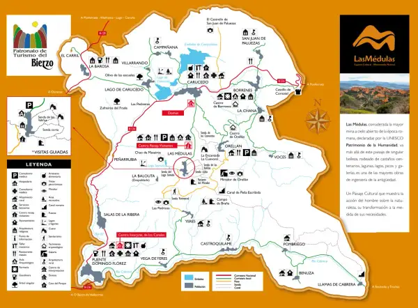 Mapa turístico del Bierzo, ideal para saber qué ver en León, con rutas, pueblos y puntos de interés como Las Médulas.