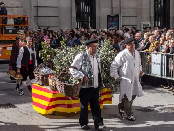 Hombres con trajes tradicionales desfilan en las fiestas Cuarte de Huerva, portando cestas con uvas y pan.