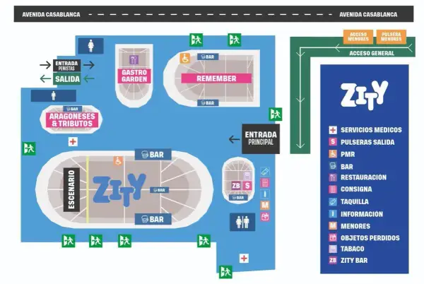 Mapa del recinto Zity con escenario, bares, zonas de restauración, accesos y servicios médicos.