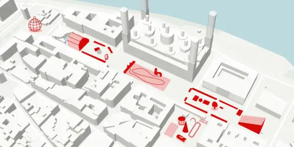 Mapa de la agenda cultural Zaragoza, con iconos rojos que señalan eventos y espacios de interés en un plano isométrico de la ciudad.