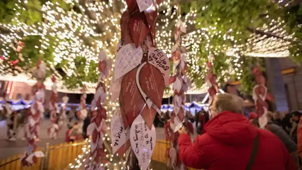 Árbol de deseos en el mercadillo de Navidad de Zaragoza, cubierto de hojas con mensajes y luces festivas.