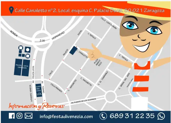 Mapa de Zaragoza con la dirección Calle Canaletto nº2, Local, esquina C. Palacio Ducal. ¡Encuentra la festa di Venezia!