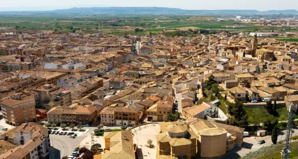 Vista aérea de Ejea de los Caballeros, con sus tejados de teja y la iglesia. ¡Imagínate las fiestas ejea de los caballeros desde aquí!