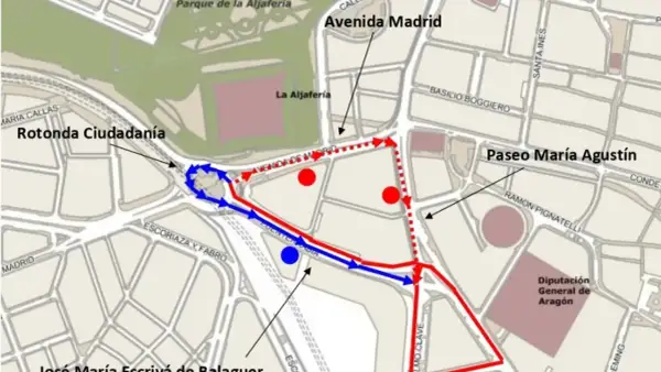 Mapa de rutas en Zaragoza, mostrando el Paseo María Agustín, Avenida Madrid y Rotonda Ciudadanía.