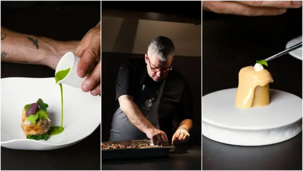 Chef en un restaurante estrella Michelin prepara un plato con esmero. La cocina de autor se refleja en cada detalle.