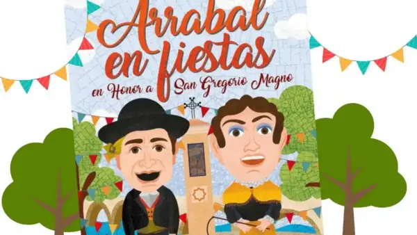Cartel anunciando las fiestas arrabal en honor a San Gregorio Magno, con caricaturas de dos hombres y decoración festiva.