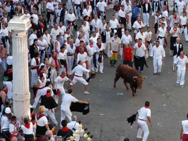 Multitud en el programa fiestas Teruel, con un toro bravo y gente vestida de blanco y rojo.